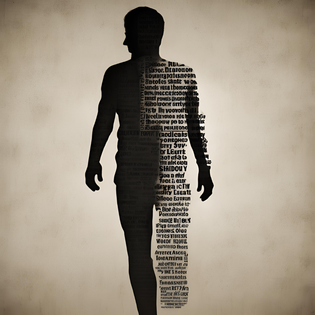 Corps sur fond sombre, composé de texte